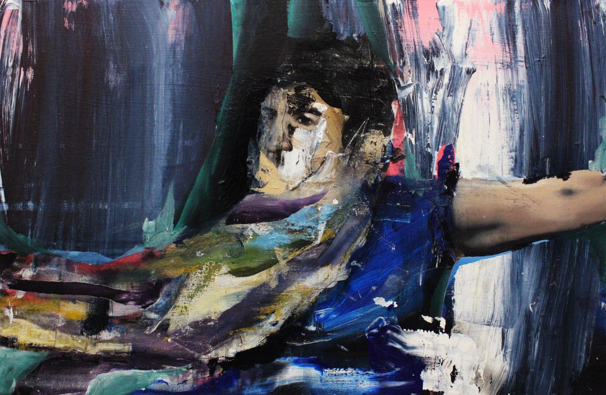 Expressive Portrait Oil Painting By Milos Hronec, 22 X 14", Joyful Dance, Original Artwork