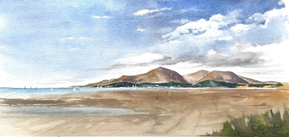 Expressive Landscape Watercolour By Brian Tucker, 18 X 8, Yachts At The Mourne Mountains, Original Artwork