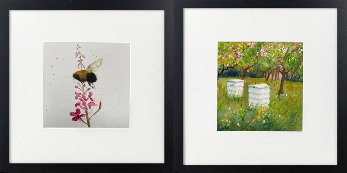 Expressive Landscape Watercolour By Teresa Tanner, 10 X 10", Two Bee Scenes Framed, Original Artwork