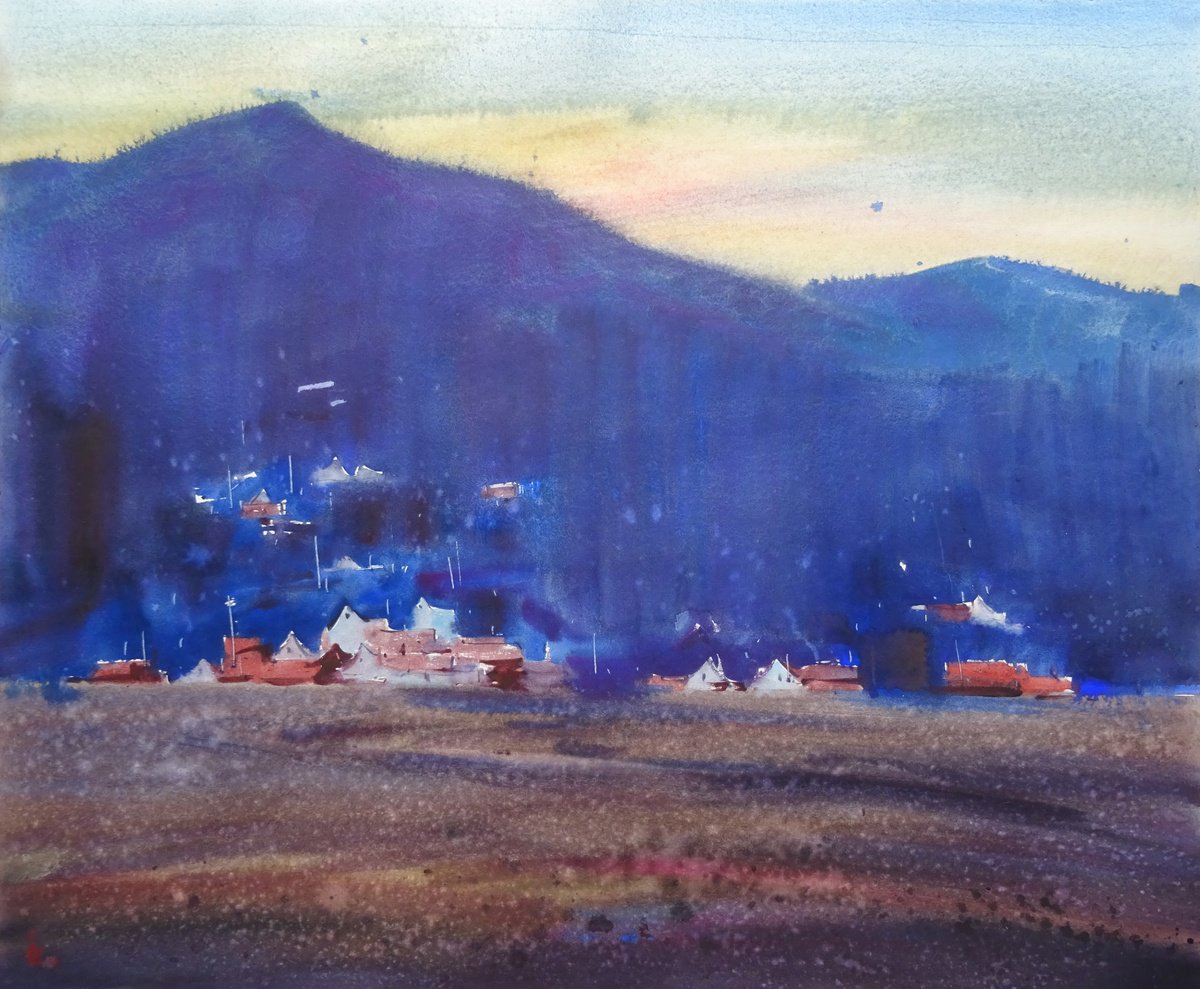 Impressionistic Landscape Watercolour By Maksym Kisilov, 23 X 19", "Under The Mountain", Original Artwork