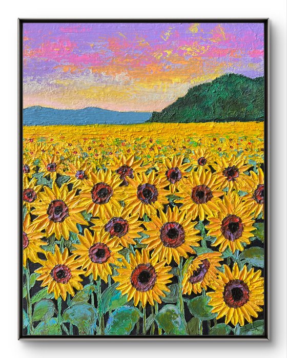Sunflowers field at sunset