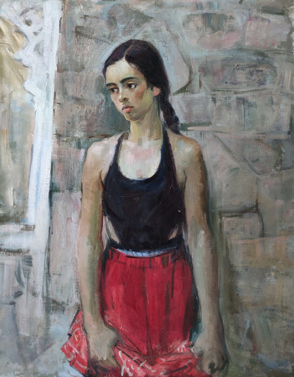 Timid girl in a red skirt by Maria Egorova