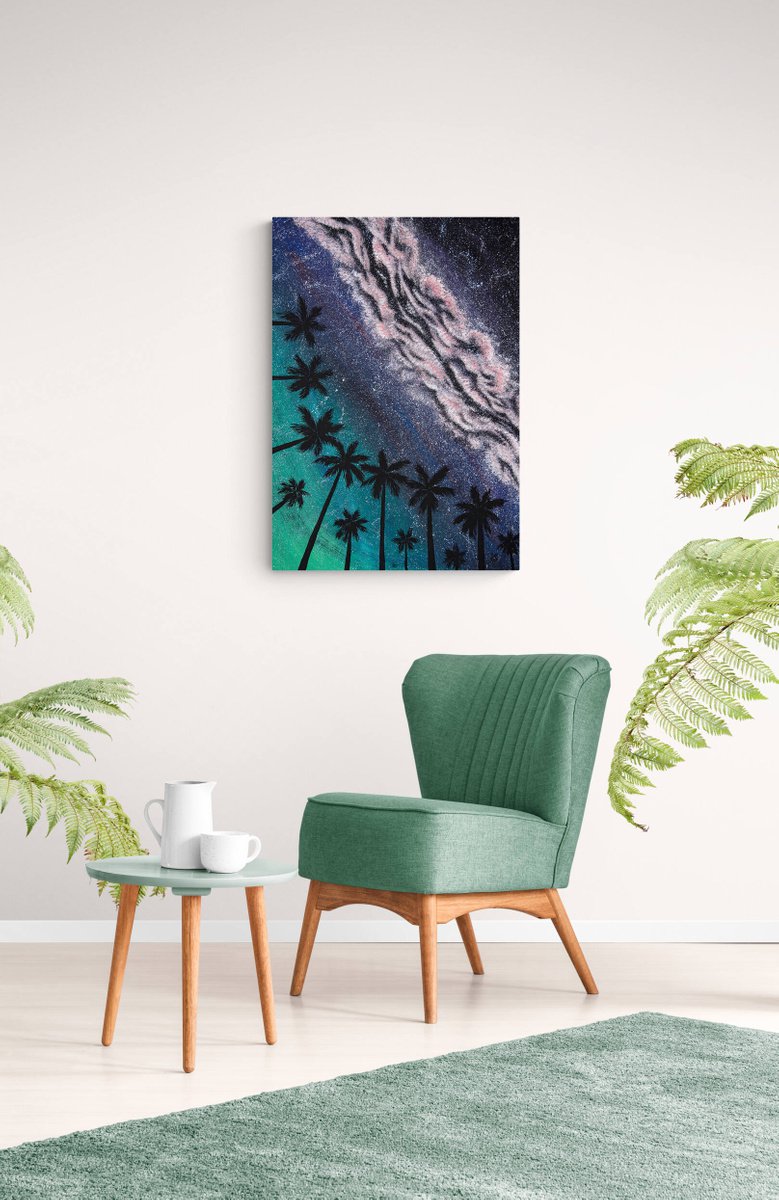 NIGHT UNDER THE STARS - 70x100 cm vertical skyscape, palm trees, emerald green, pink, nigh... by Rimma Savina
