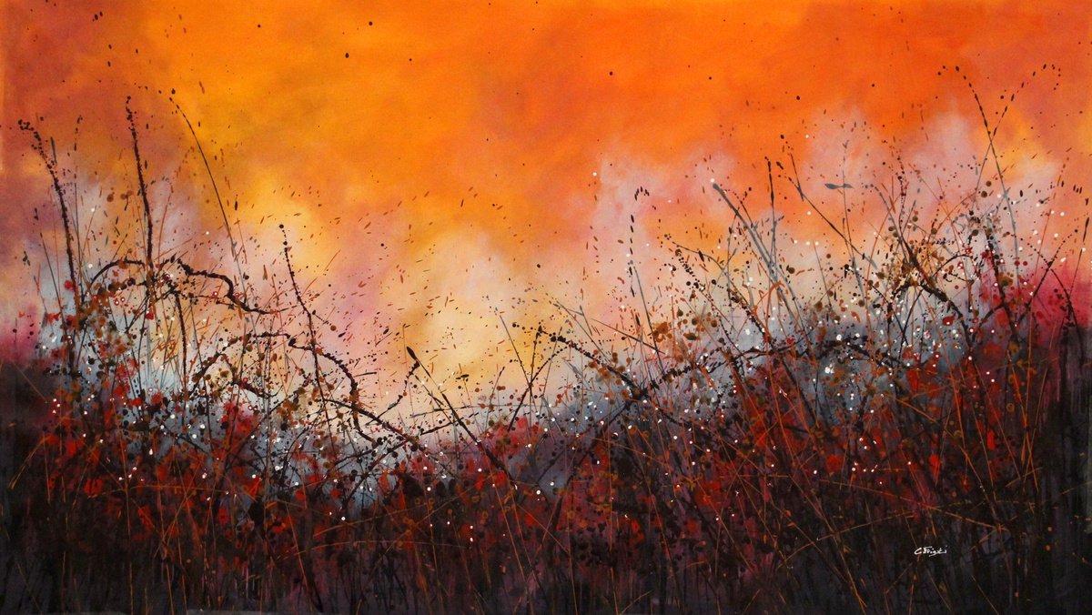 Expressive Botanical Acrylic Painting By Cecilia Frigati, 83 X 49, Red Passion # 3, Original Artwork