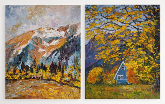 Golden Fall - SET OF 2 PAINTINGS - 1) At the foot of the mountain 2) Cottage in the Mountains