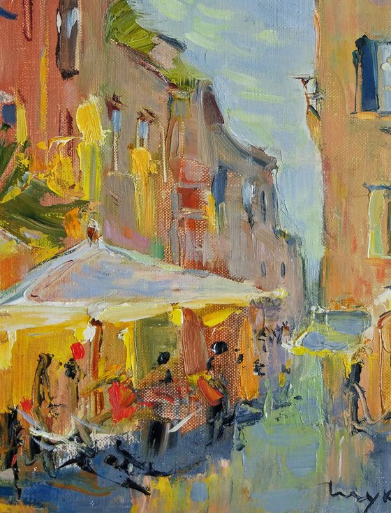 Cafe in Rome . Street light. Italian holiday series.  Original plein air oil painting .