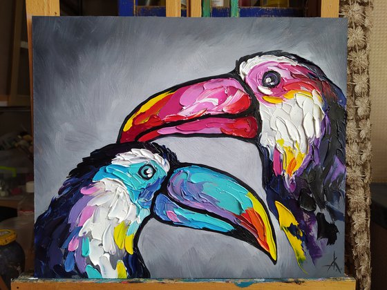 Toucan in love - toucan oil painting, toucan, animals, bird, birds oil painting