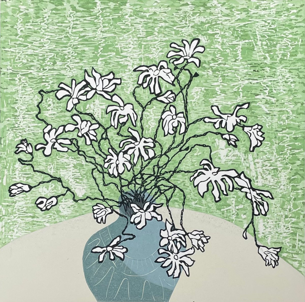 Impressionistic Linocut , Linocut Print Morning Magnolia By C Staunton, 13 X 13, Artwork For Sale On Artfinder