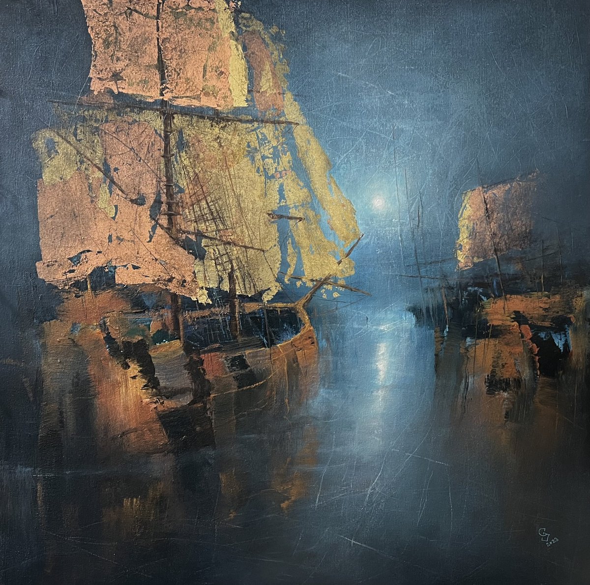 Abstract Landscape Oil Painting By Ivan Grozdanovski, 39 X 39, Harbor Of Destroyed Dreams, Original Artwork