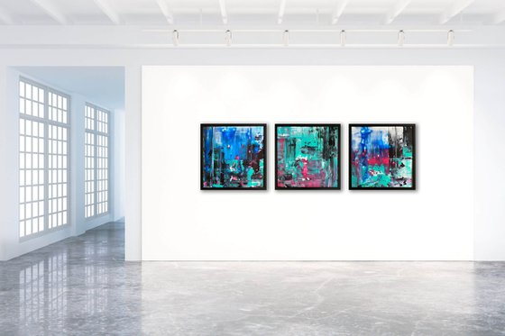 "Night Walkers" - Save As A Series - Original PMS Abstract Triptych Acrylic Paintings On Plexiglass, Framed - 78" x 26"