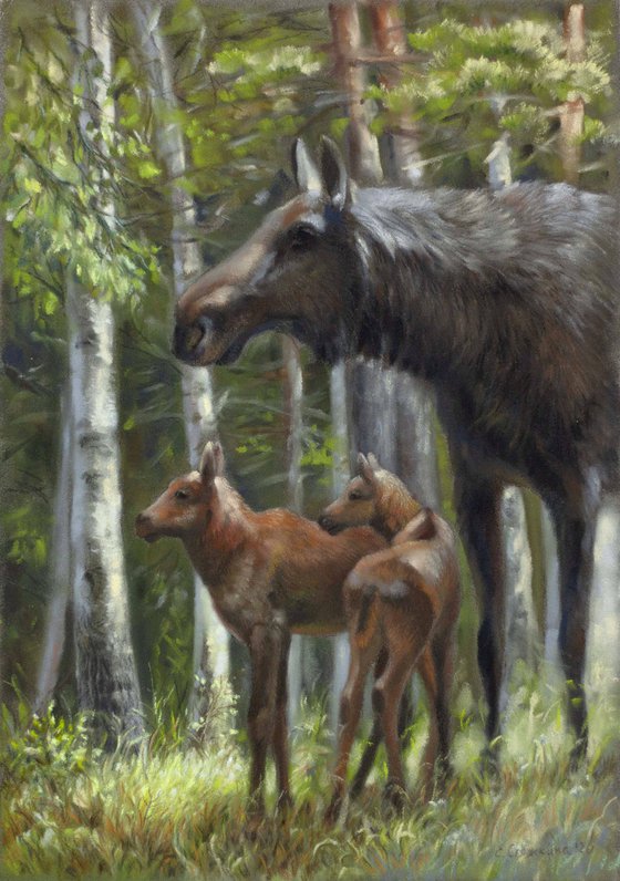 Moose with Сalves Original small art