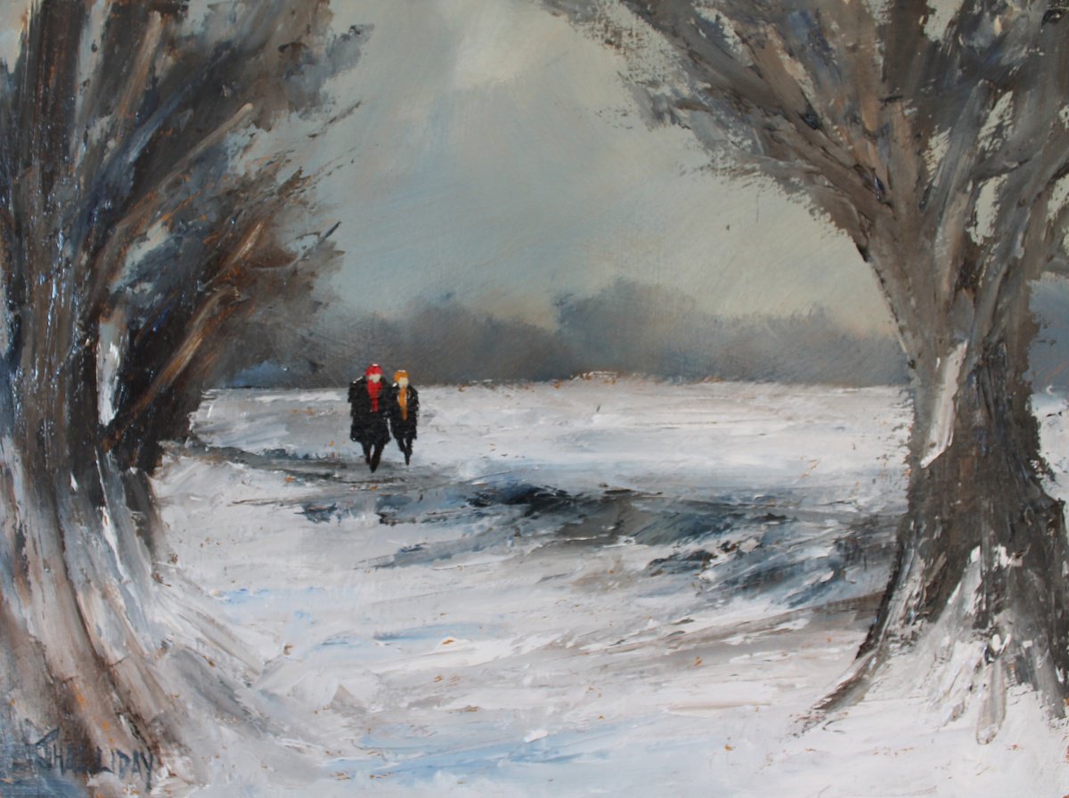 Impressionistic Landscape Oil Painting By John Halliday, 16 X 12, Winter Walk, Original Artwork