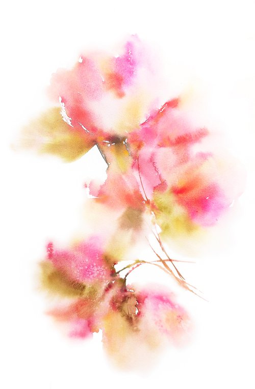 Soft pink flowers, watercolor loose flowers romantic painting "Apple blossom" by Olga Grigo