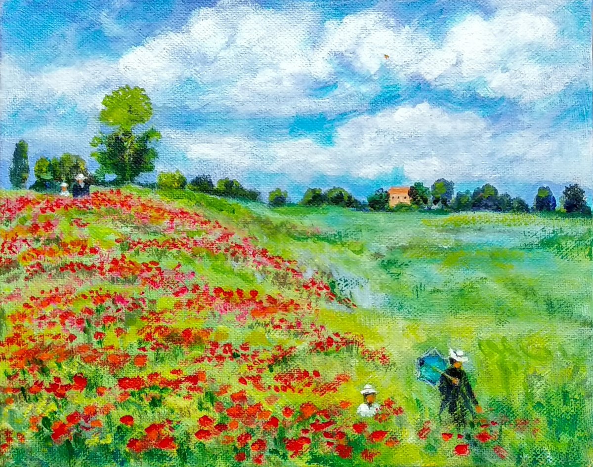 Impressionistic Landscape Acrylic Painting By Asha Shenoy, 10 X 8, Poppy Fields In Summer, Original Artwork
