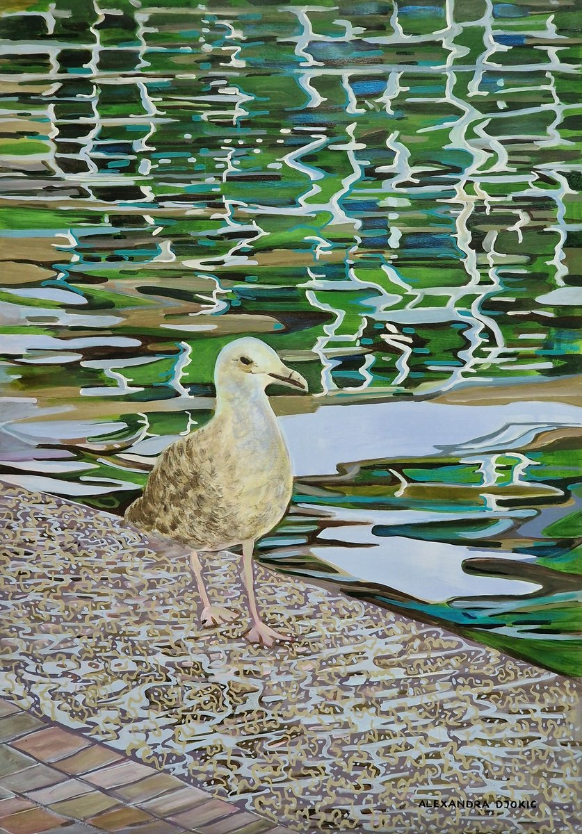 Impressionistic Animal Acrylic Painting By Alexandra Djokic, 27 X 39, Water Reflection With Bird, Original Artwork