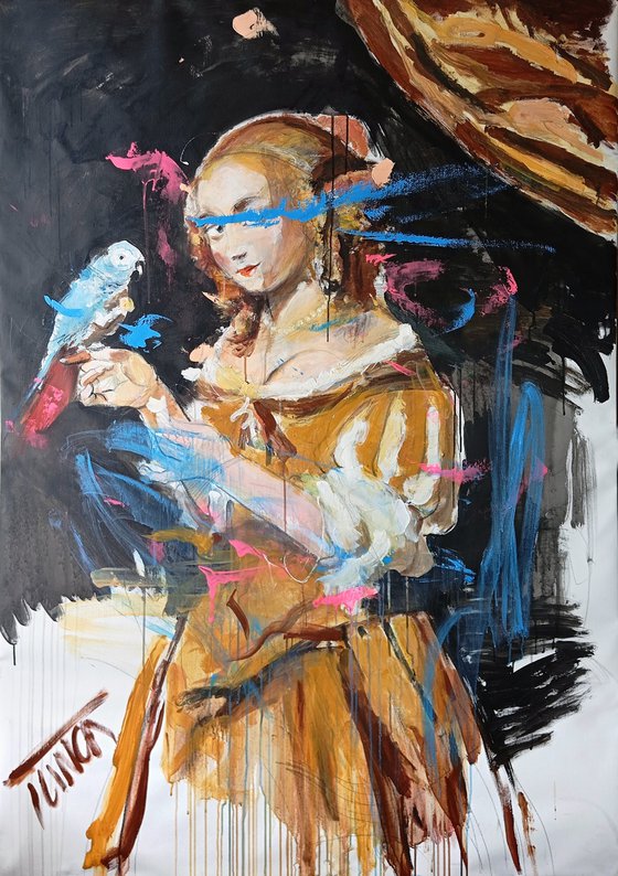 Young woman feeding a parrot