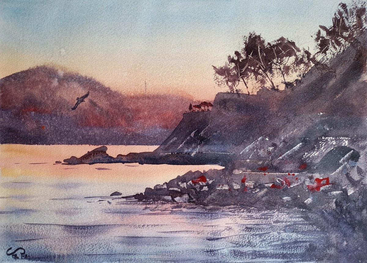 Expressive Landscape Watercolour By Tollo Pozzi, 15 X 11", Magic Sunset On Portofino #2, Original Artwork