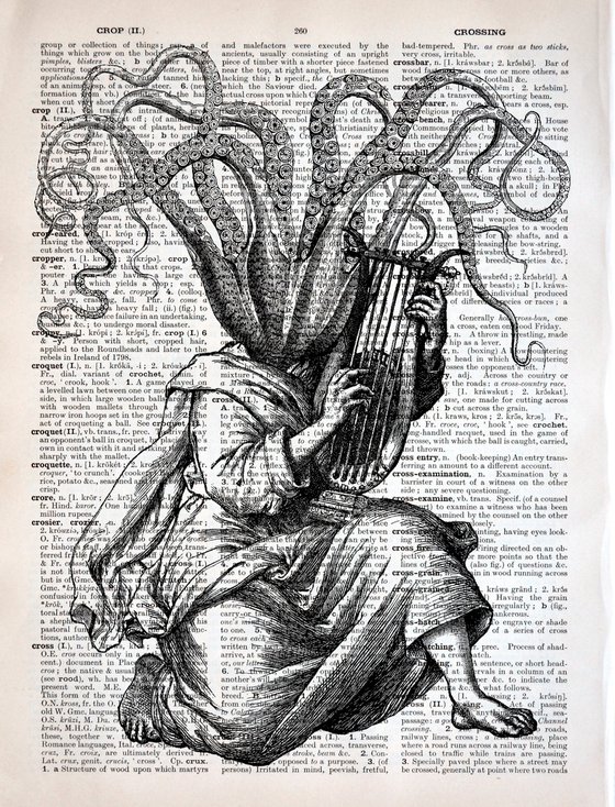 Octopus Musician - Collage Art Print on Large Real English Dictionary Vintage Book Page