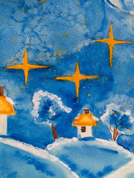 Angel Painting Christmas Original Art Wonderland Watercolor Stars Artwork Moon Home Wall Art 10 by 14" by Halyna Kirichenko