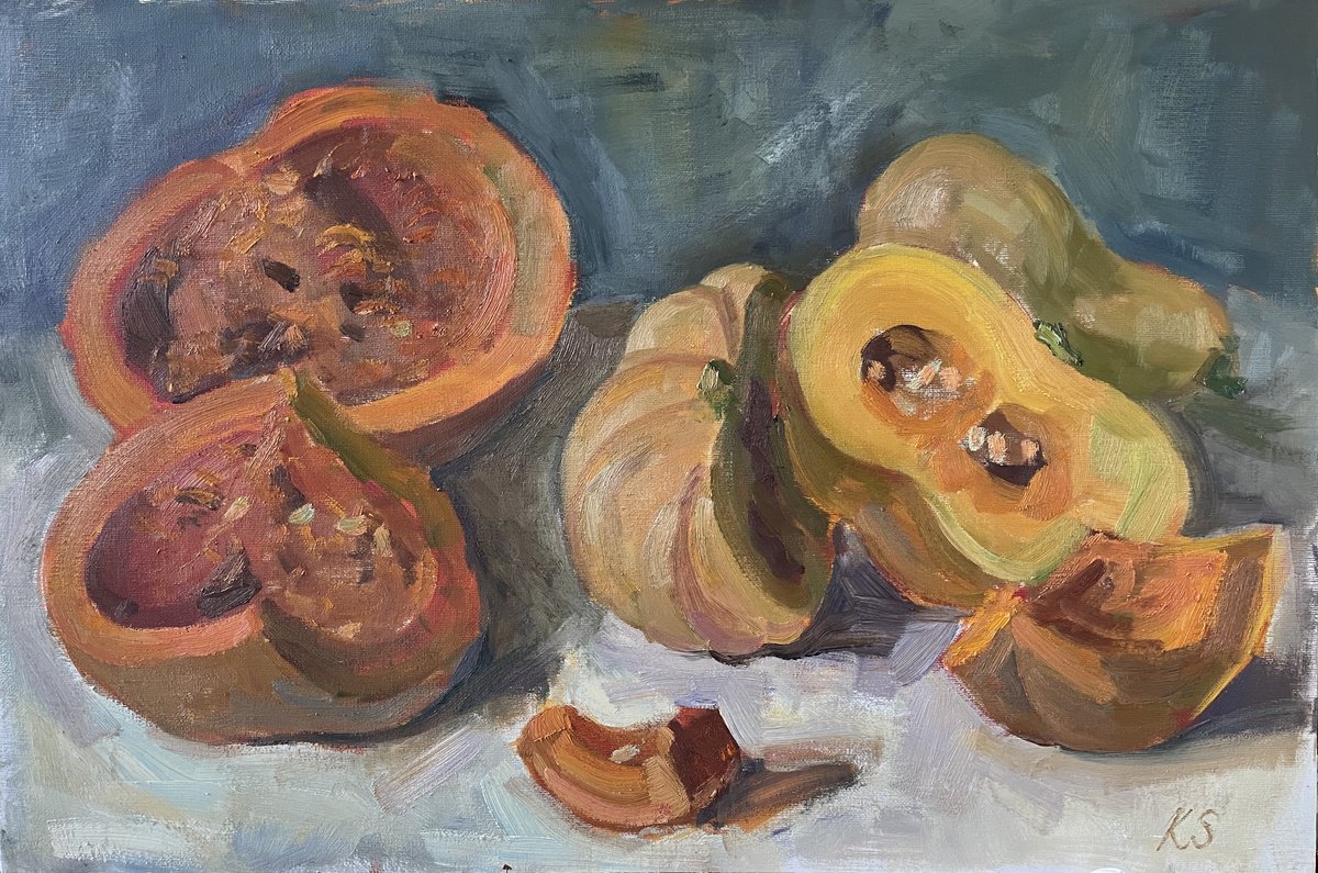 Impressionistic Still Life Oil Painting By Kate Sosonna, 24 X 16", Pumpkins, Original Artwork