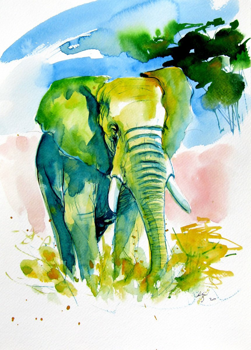 Impressionistic Animal Watercolour By Kovacs Anna Brigitta, 10 X 14", Majestic Elephant Alone, Original Artwork