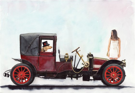 Renault Landaulette 1910 with Dog and Girl