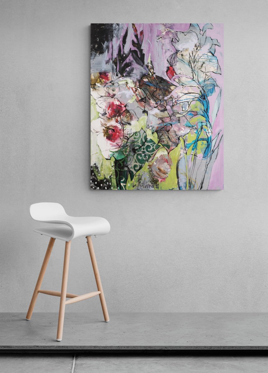 Abstract Oil Painting By Yelena Ralina, 31 X 39", Gladioluses For A Birthday, Original Artwork