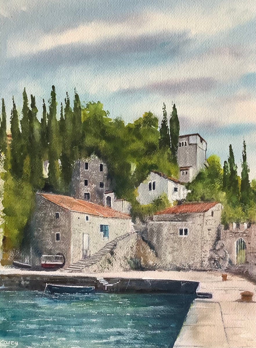 Impressionistic Landscape Watercolour By Darren Carey, 11 X 15, Trsteno Croatia, Original Artwork