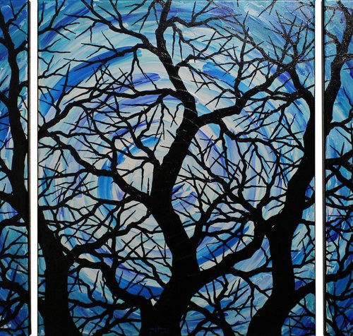 Triptych silhouettes of night trees by Jonathan Pradillon