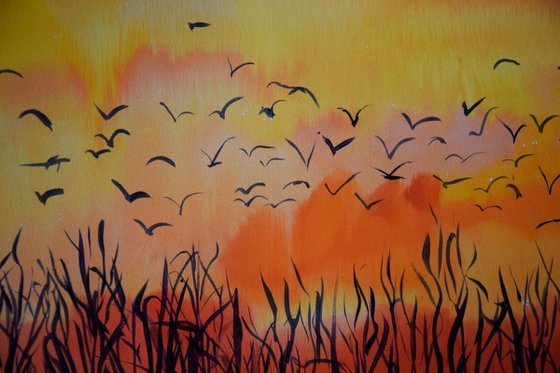 Big watercolor painting Autumn sunset