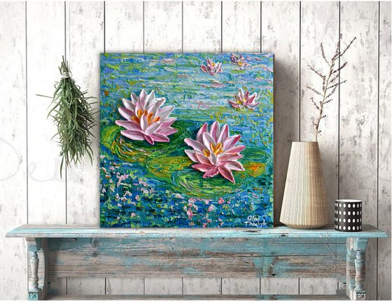 Water Lilies at the Park - Impasto Floral Art