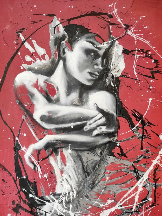 "Flamenco red" 45x75x2cm, original oil and acrylic large painting on fabric.Ready to hang.