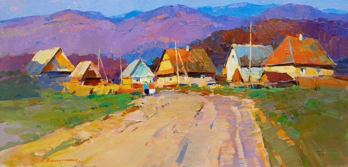 Impressionistic Landscape Oil Painting By Aleksandr Kryushyn, 30 X 14, Morning In A Carpathian Village, Original Artwork
