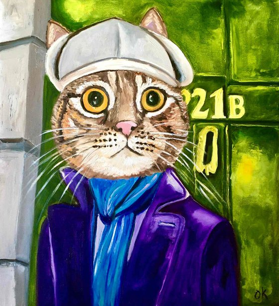 Troy The  Cat- Sherlock Holmes  Baker  Street 221 B   oil painting for cat lovers.