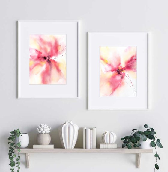 Pink abstract flowers diptych