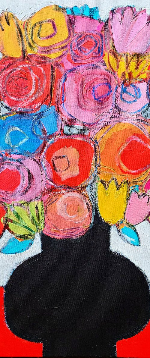 Mixed Flowers in a Black Vase by Jan Rippingham