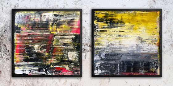 "Cutting In Lines" - FREE USA SHIPPING - Original PMS Abstract Diptych Acrylic Paintings On Plexiglass Framed - 52" x 26"