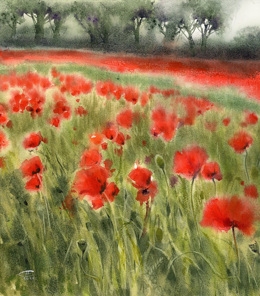 Impressionistic Landscape Watercolour By Tatyana Tokareva, 12 X 15", Coquelicot, 1., Original Artwork