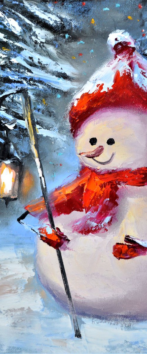 Snowman with a flashlight by Elena Lukina