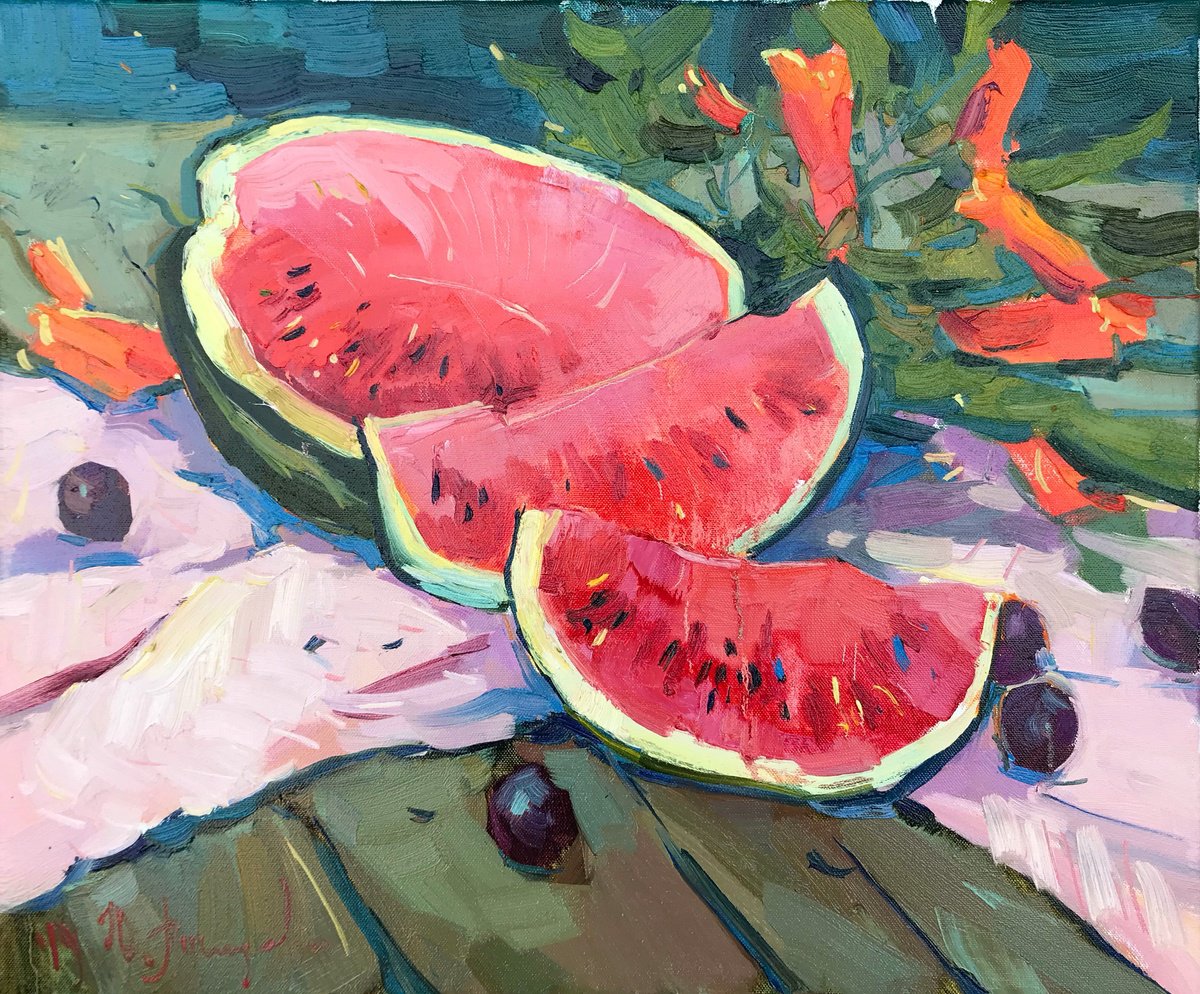 Watermelon and plums by Yuliia Pastukhova