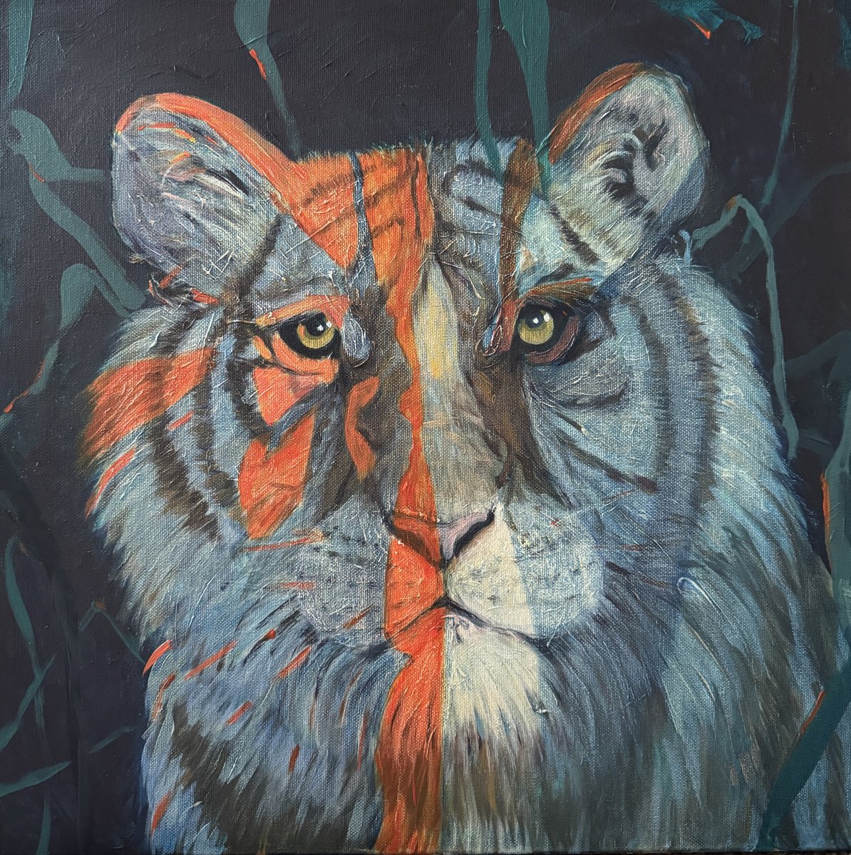 Impressionistic Animal Acrylic Painting By Hanna Bell, 18 X 18, Twilight Tiger Emerging, Original Artwork