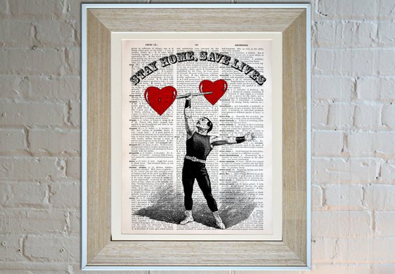 Stay Home, Save Lives - Collage Art Print on Large Real English Dictionary Vintage Book Page