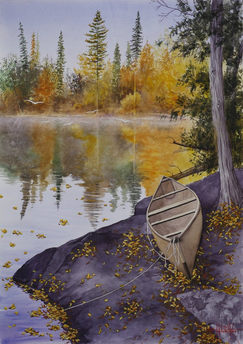 Autumn on the lake Watercolor on paper 70x50 by Eugene Gorbachenko