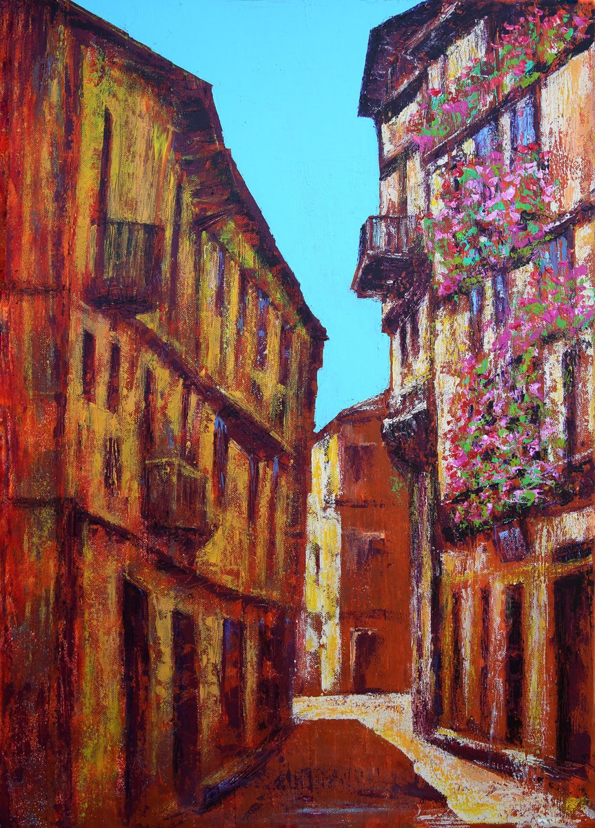 Impressionistic Cityscapes Acrylic Painting By Denys Kuvaiev, 20 X 28, Mogarraz Spanish Village, Original Artwork