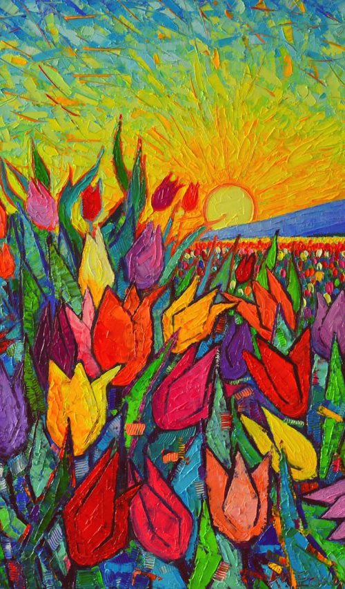 COLOURFUL TULIPS FIELD AT SUNRISE - modern impressionist palette knife oil painting by ANA MARIA EDULESCU