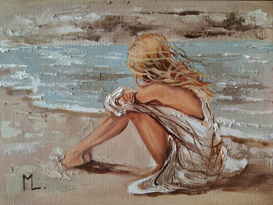 " ON THE BEACH ... "-   liGHt  ORIGINAL OIL PAINTING, GIFT, PALETTE KNIFE nude WINDOW