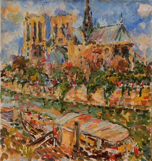 VIEW OF NOTRE DAME DE PARIS - Barges on the Seine Landscape - Oil Painting - Cityscape of Paris - Impressionism - Medium Size - Gift by Karakhan