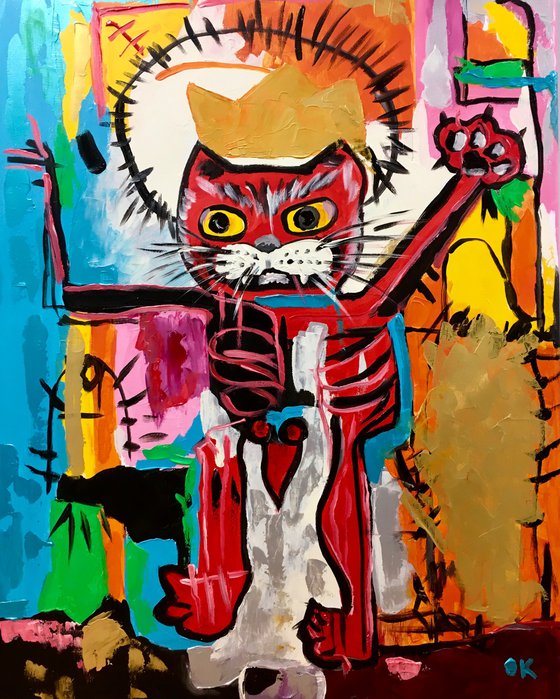 UNTITLED RED KING CAT version of famous painting by Jean-Michel Basquiat.