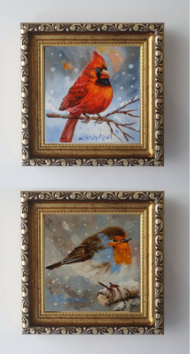 Impressionistic Animal Oil Painting By Natalia Shaykina, 5 X 5", Cardinal And Robin, Set 2, Original Artwork