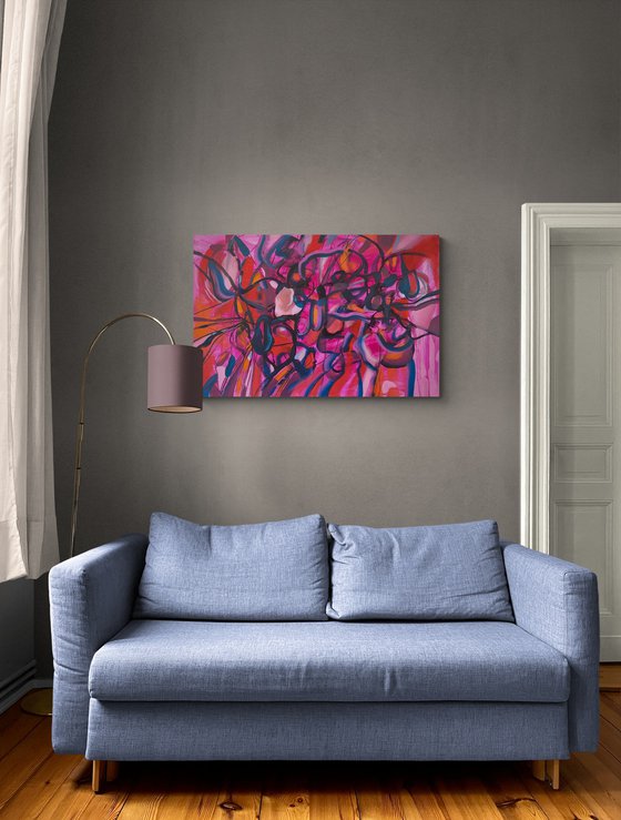 FULL ON- a large scale xxl dynamic red pink expressive abstract painting